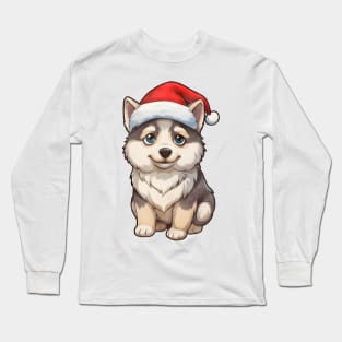 Siberian Husky Dog in Santa Hat Long Sleeve T-Shirt